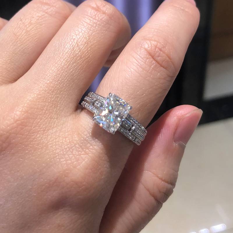 祖母切Women's RingS925银镀白金定制选款主石Moissanite3.0ct/副石高碳钻